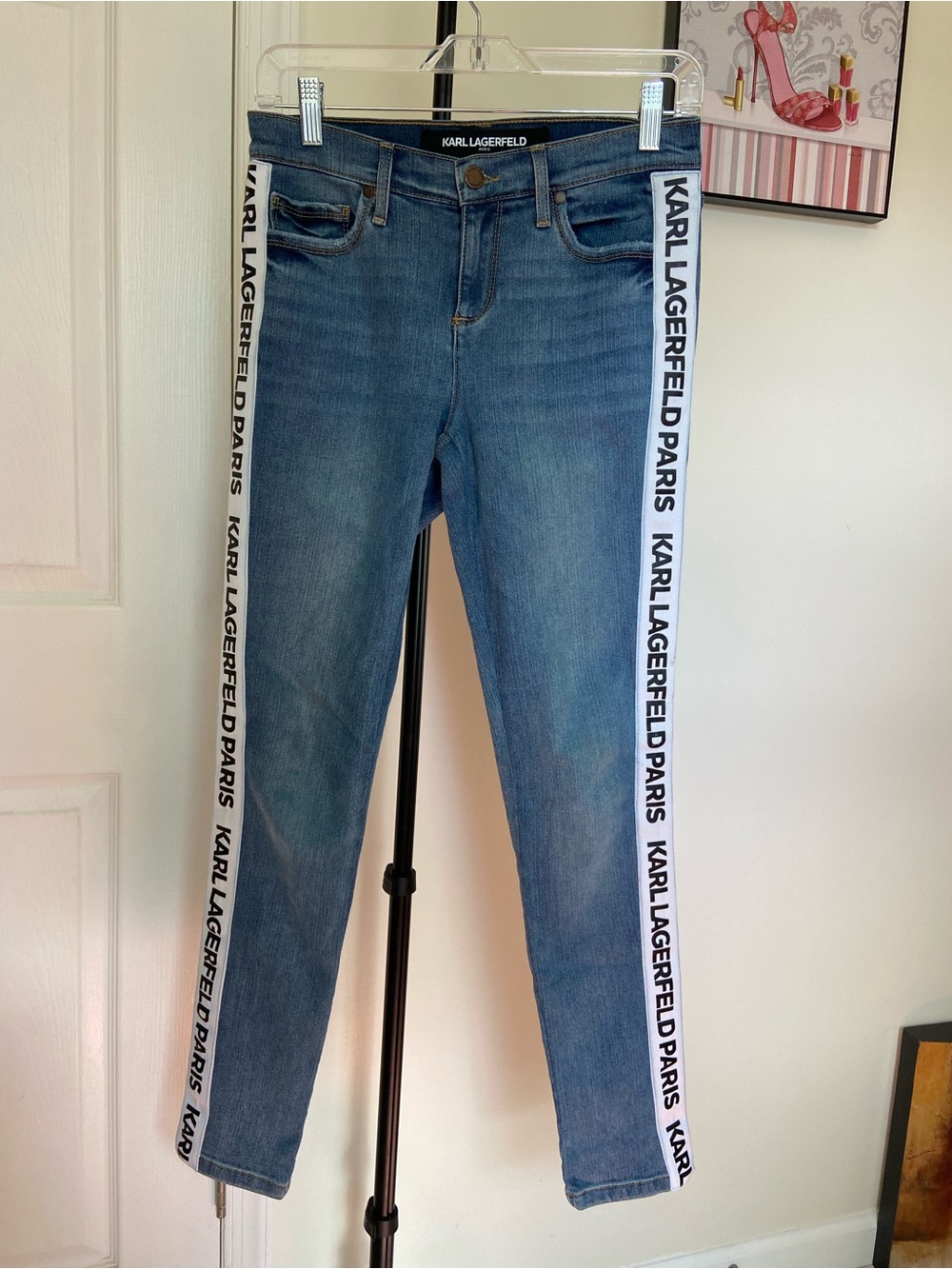 Karl Lagerfeld Slim Blue Jeans with White Logo Side Tape